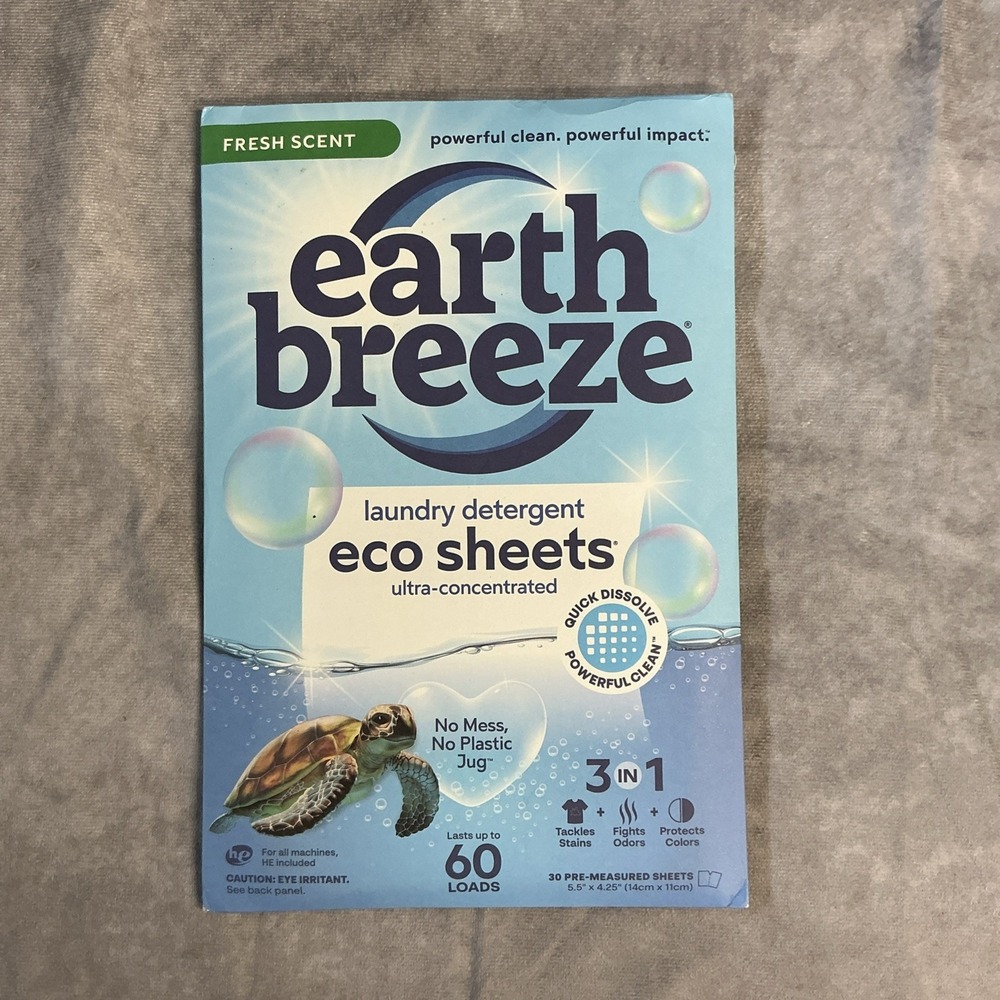 EARTH BREEZE Laundry Detergent Sheets Fresh Scent  ~ 60 Loads/30 Sheets